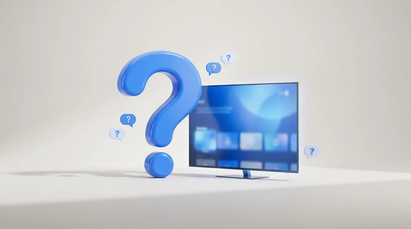 Question marks beside a smart TV representing common questions about IPTV